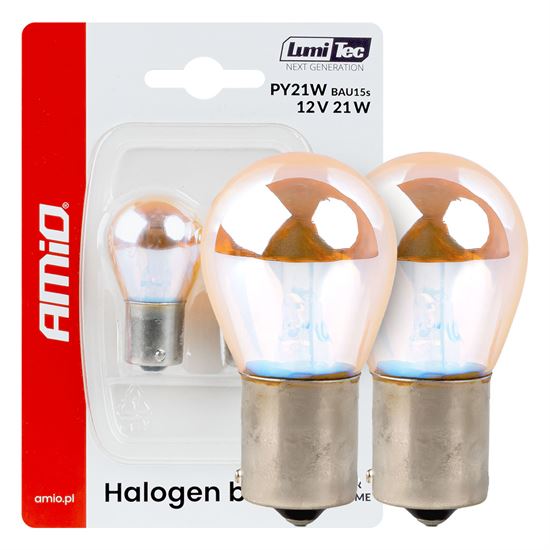 Amio – Λάμπες Αλογόνου PY21W BAU15s 12V 21W Πορτοκαλί/Χρώμιο Lumitec για Φλας & Καθαρή Σήμανση – Σετ 2 Τεμ. (04627/AM)