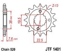 Γρανάζι εμπρόσθιο JT JTF1401 14 δόντια KAWASAKI KSF400 A1-A3 A6F Suzuki LT-Z400 K3/K4/K5/K6/K7/K8 Quadsport